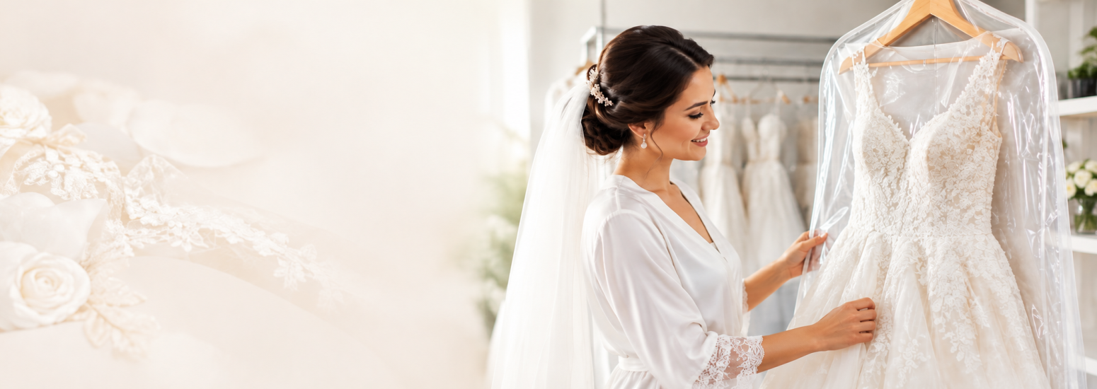 Bride Admiring a Lace Wedding Gown
